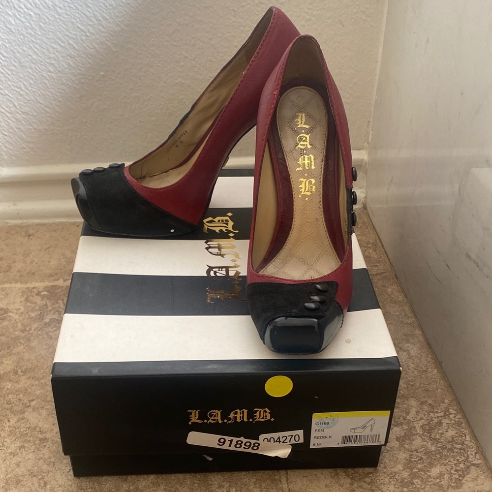 L.A.M.B. Red and Black Peep Toe Heels